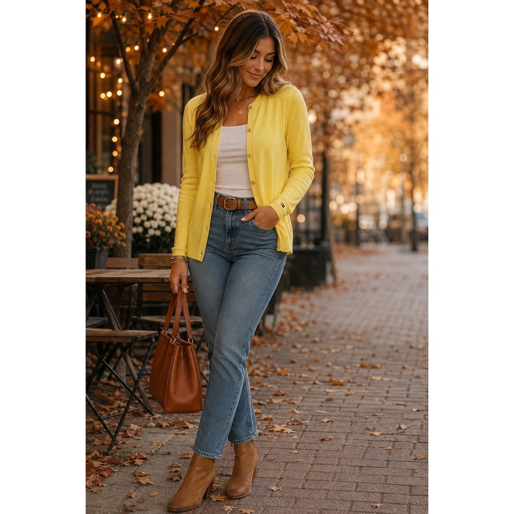 Tommy Hilfiger Cardigan Women Medium Yellow Cotton Blend Preppy Coastal Knit
